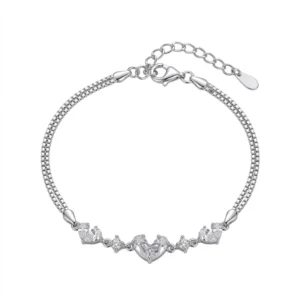 925 silver double chain heart charm bracelet