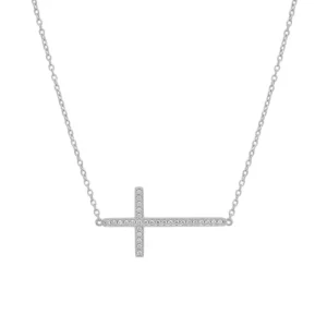 925 silver sideways cross pavé necklace