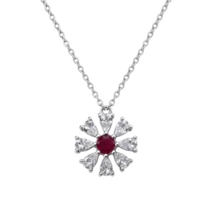 925 silver floral necklace with red center stone