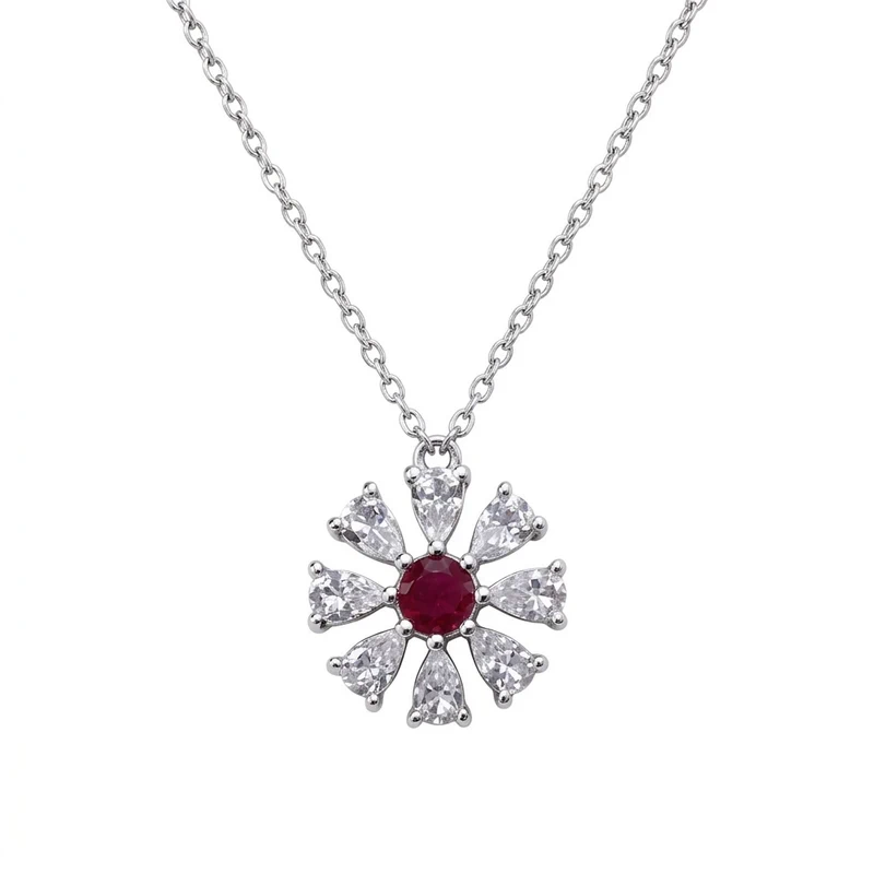 925 silver floral necklace with red center stone 925 silver floral necklace with red center stone