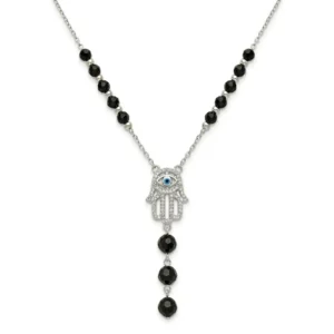 925 sterling silver hamsa hand necklace with black beads & evil eye