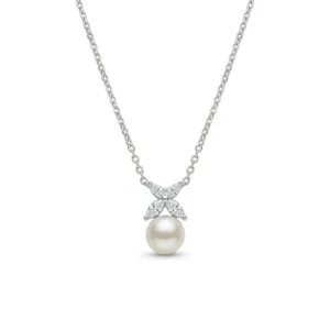 925 sterling silver pearl drop necklace with zircon leaf detail