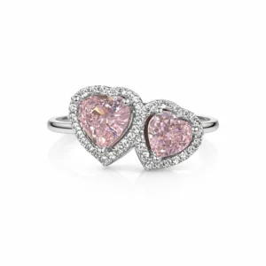 925 silver pink heart zircon double ring