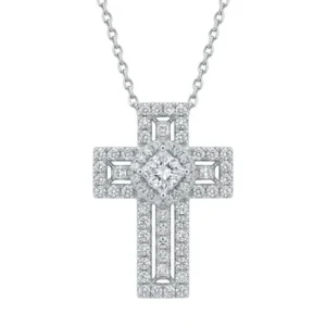 925 silver statement cross necklace with princess cut center