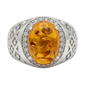 925 silver amber stone statement ring (كهرمان)