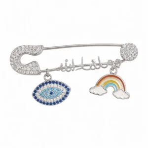 925 silver mashallah, eye & rainbow safety pin brooch